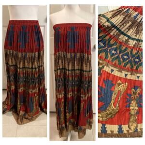 Vintage Boho Western Maxi Skirt Crinkle Fabric Southwestern Print Size Medium